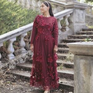 Dainty Jewells Wine Floral Long Sleeve Dress